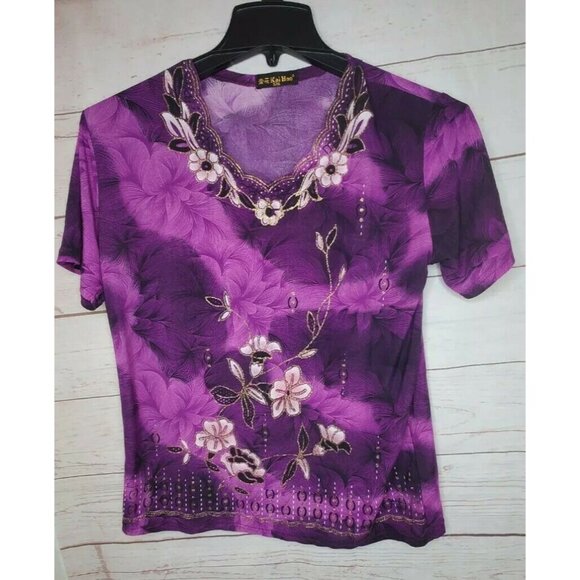 Rare Vintage Kai Hao XXL Purple Floral Glitter Foil Short Sleeve Women Shirt - Picture 2 of 10